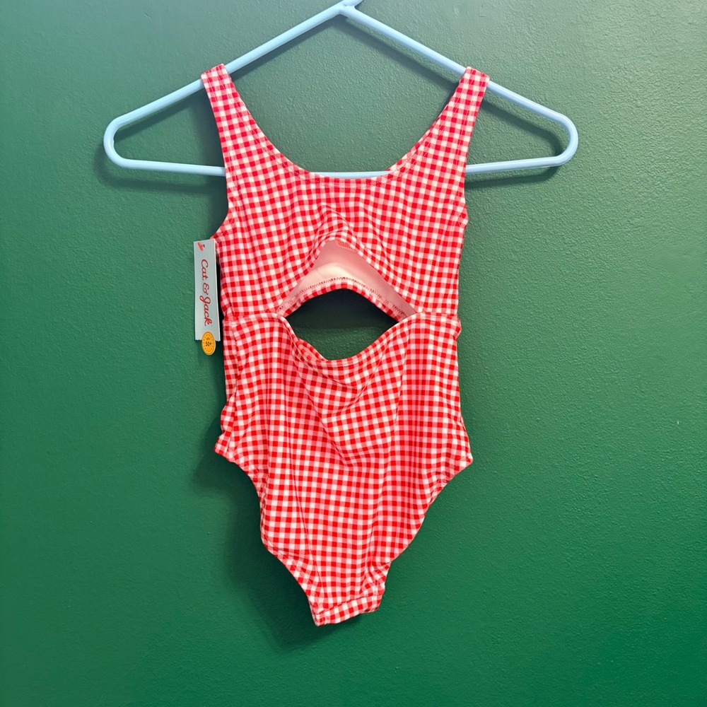 Cat & Jack Red Gingham Americana 1pc Cutout Swim Bathing Suit Small 6/7 NEW NWT